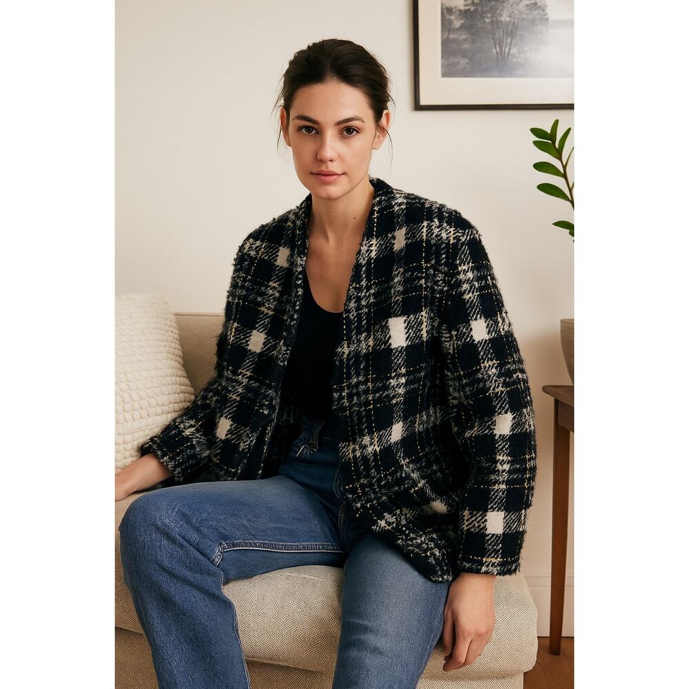 Veronica Beard Crispin Tweed Coat Black Wool Blend Boxy Oversized Jacket 10